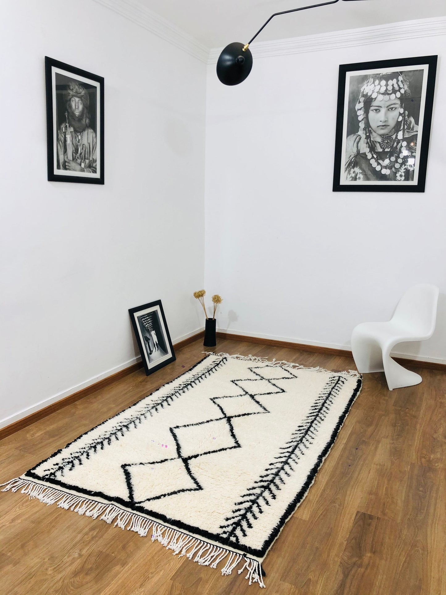 Custom Handmade Moroccan White & Black Geometric Beni Ourain Rug - MarrakeshLoom