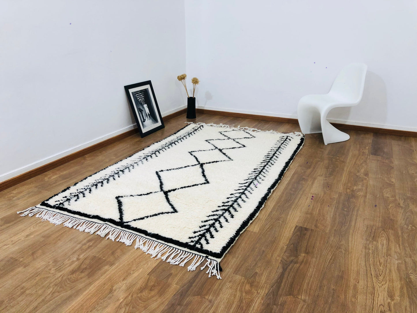 Custom Handmade Moroccan White & Black Geometric Beni Ourain Rug - MarrakeshLoom