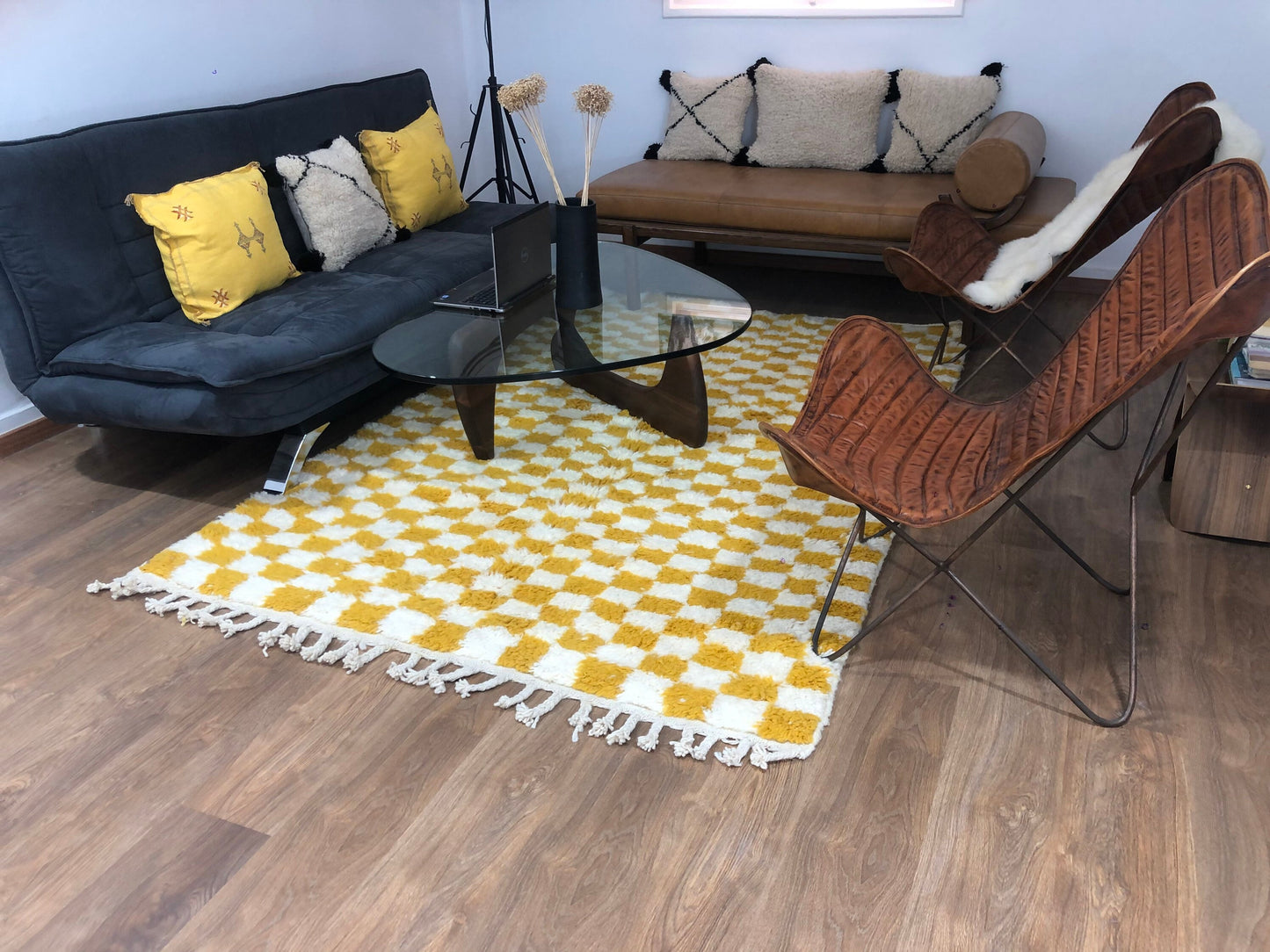 Custom Handmade Moroccan Yellow & White Wool Checkered Rug - MarrakeshLoom