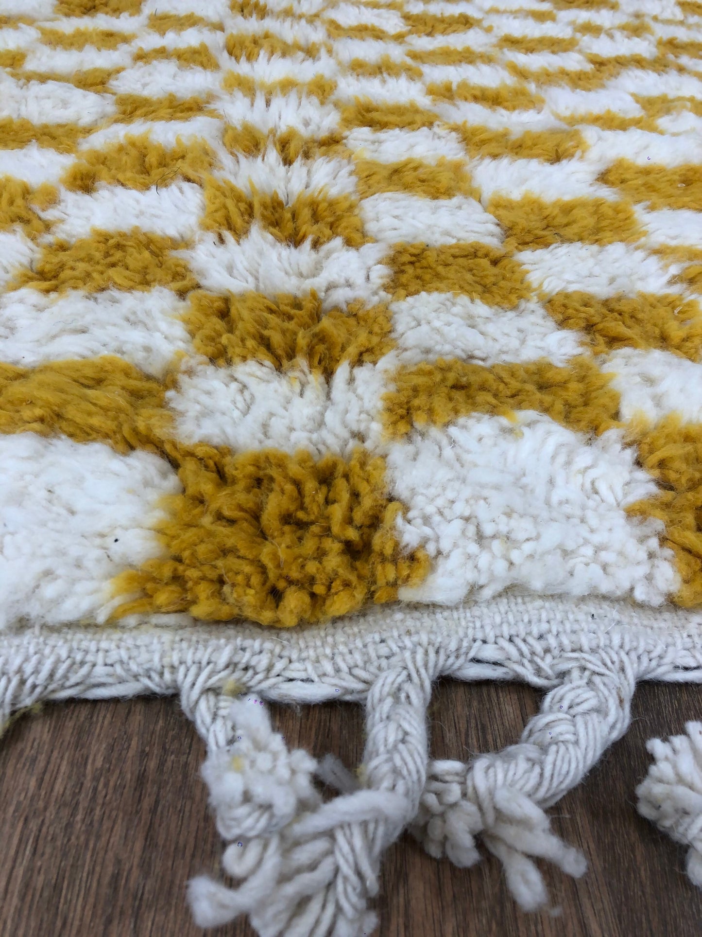 Custom Handmade Moroccan Yellow & White Wool Checkered Rug - MarrakeshLoom