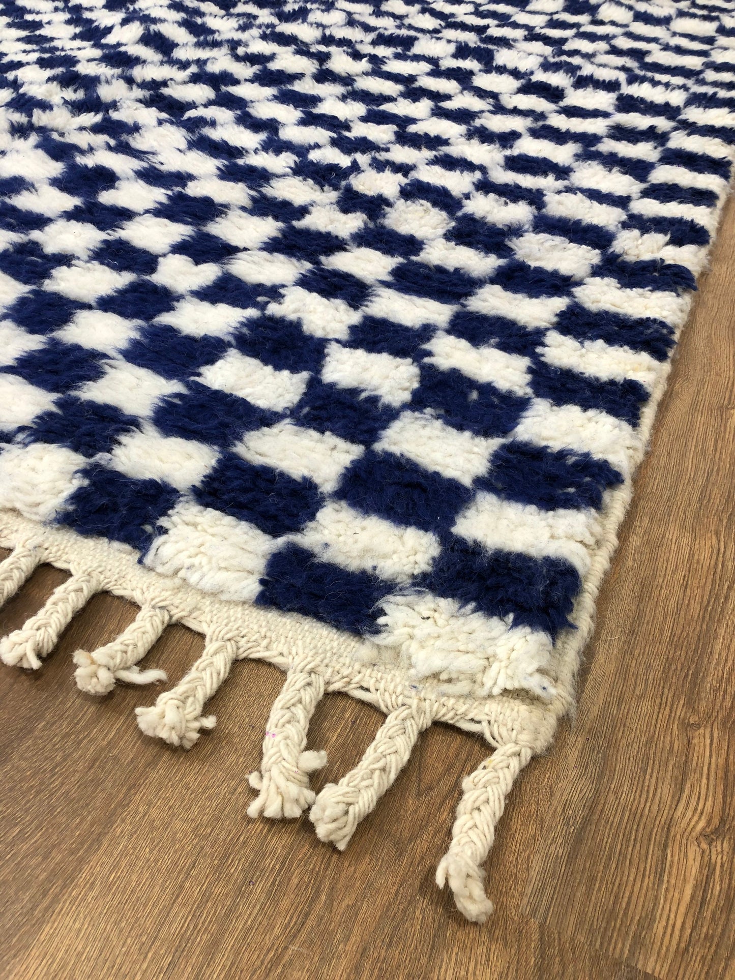 Custom Handmade Moroccan Blue & White Wool Checkered Rug - MarrakeshLoom