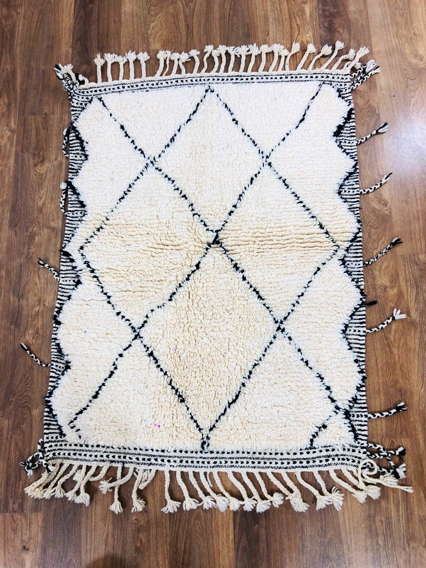 Custom Handmade Moroccan White Wool & Black Lozenge Beni Ourain Rug - MarrakeshLoom