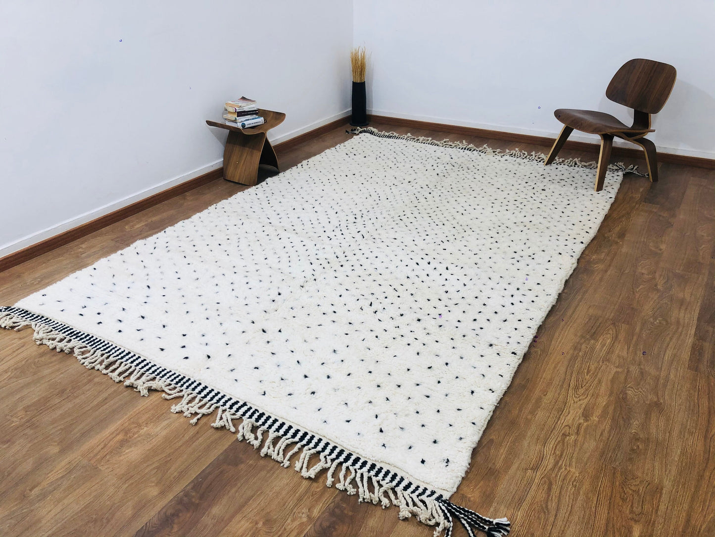 Custom Handmade White Wool & Black Dots Moroccan Beni Ourain Rug - MarrakeshLoom