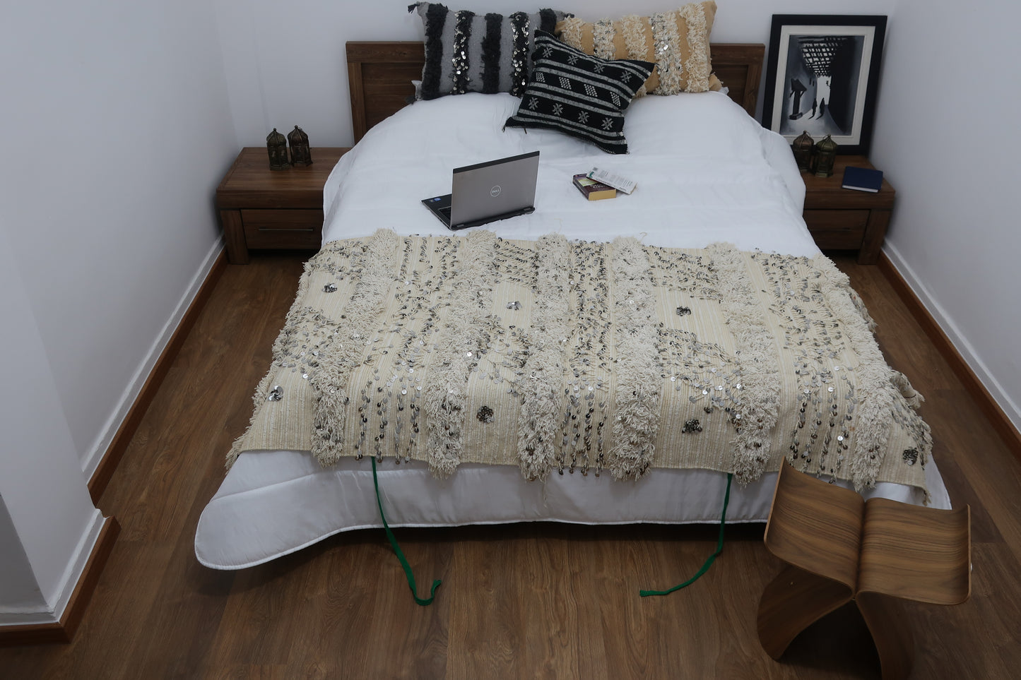 Vintage Handmade Moroccan Wedding Blanket Handira - "Hayda" - 6.89 F × 2.95 F - MarrakeshLoom