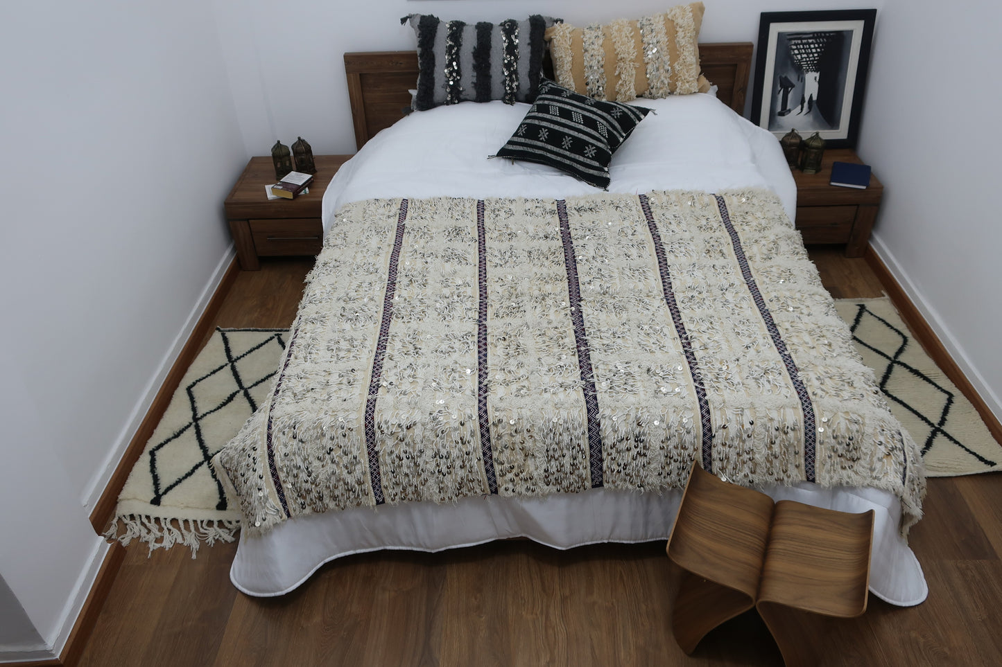 Vintage Handmade Moroccan Wedding Blanket Handira - "Hella" - 7.38 F × 4.52 F - MarrakeshLoom