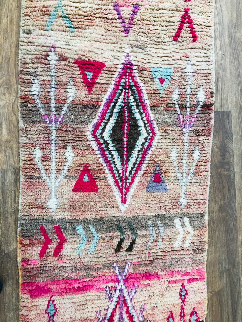 Moroccan Rug, Vintage Boujad Runner 11.41 × 2.55 FT (348 × 78 Cm), Authentic handwoven Berber Boujad rug, Moroccan Carpet, Free Shipping, Tapis Berbère - MarrakeshLoom
