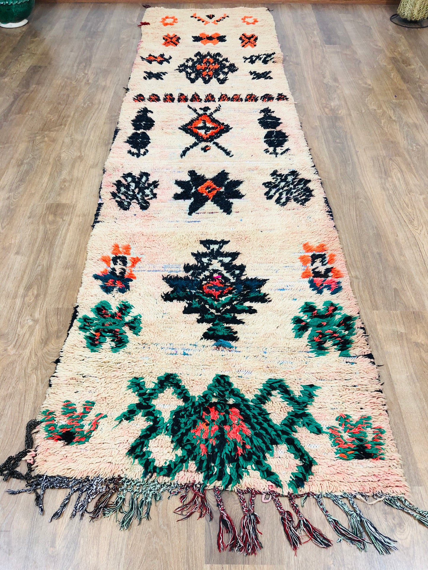 Vintage Moroccan Berber Boujaad wool Runner - 12.13 FT × 3.11 FT ( 370 Cm × 95 Cm ) Authentic handwoven Boujad Carpet, Free Shipping - MarrakeshLoom