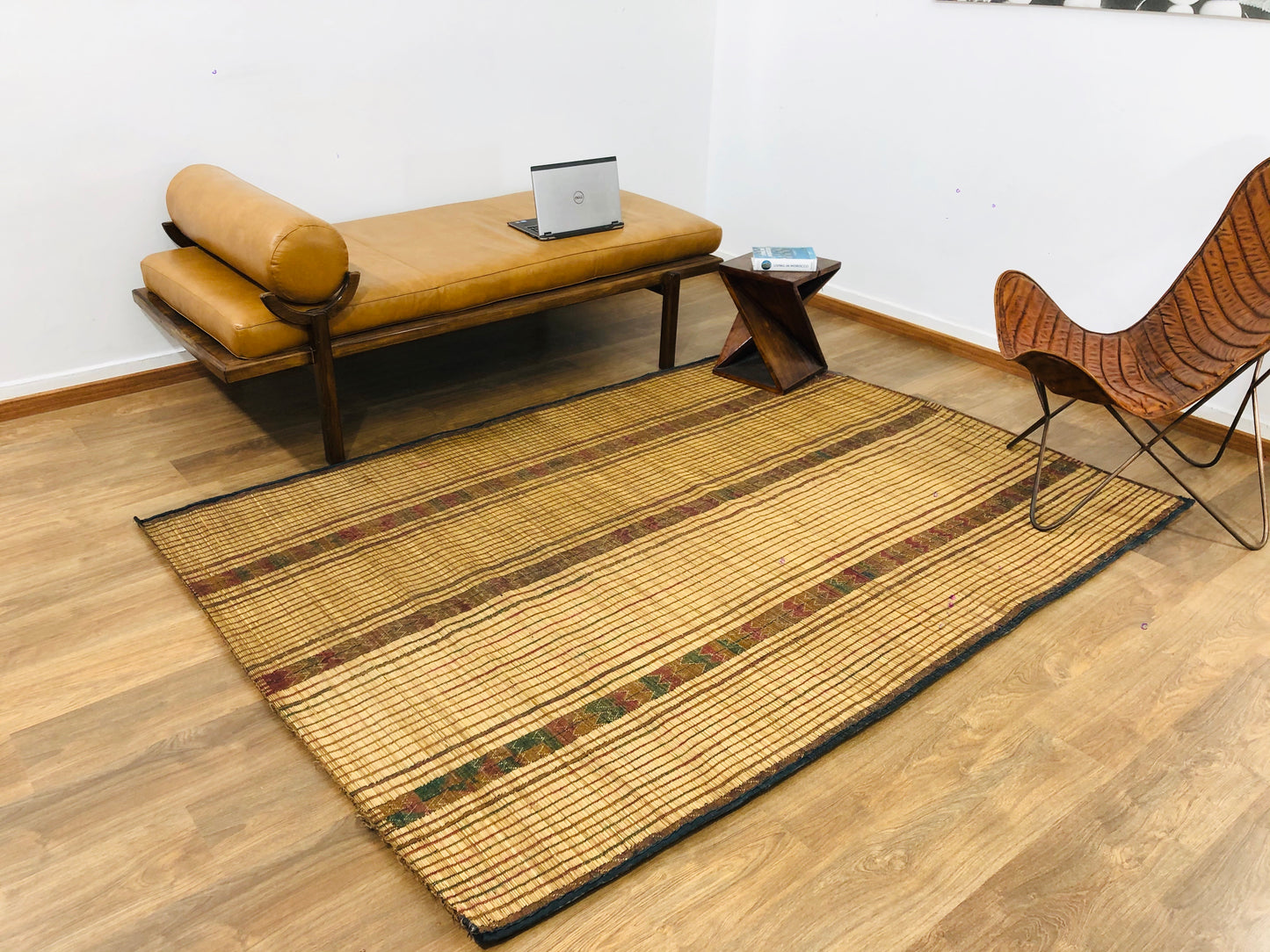 Vintage Handmade Tuareg Mat Area Rug - 7.57 FT × 5.31 FT ( 231 Cm × 162 Cm ) Authentic Ethnic Tribal Nomadic Sahara Desert Rug - MarrakeshLoom