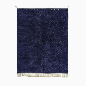 Midcentury Custom Beni Ourain Shaggy Navy Blue Wool & White Dots Rug - MarrakeshLoom