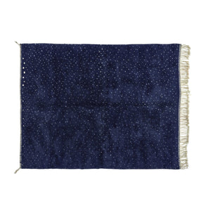 Midcentury Custom Beni Ourain Shaggy Navy Blue Wool & White Dots Rug - MarrakeshLoom