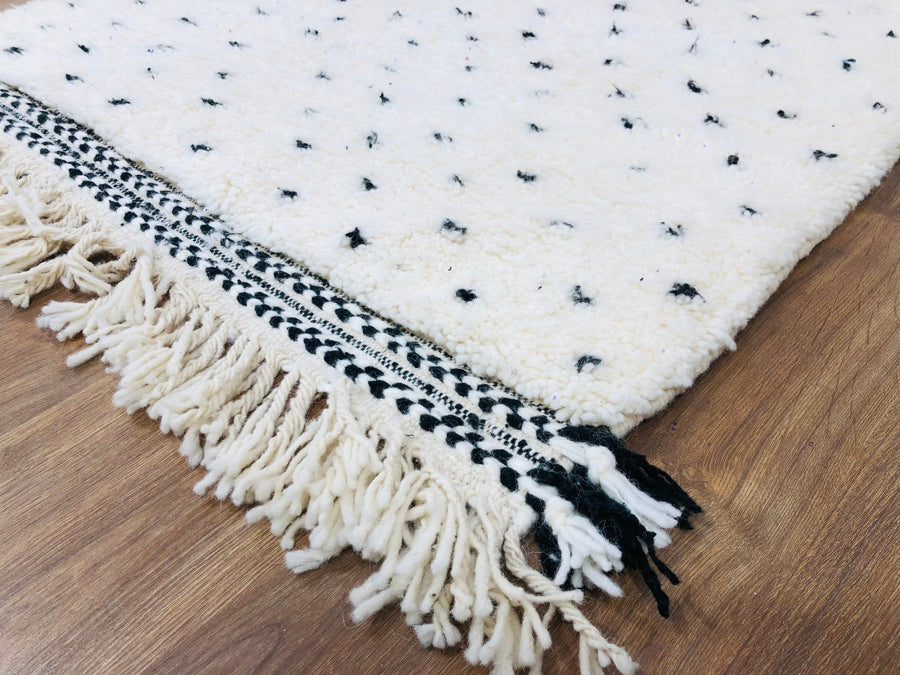 Custom Mid-Century Scandinavian White Wool & Black Dots Beni Ourain Rug - MarrakeshLoom