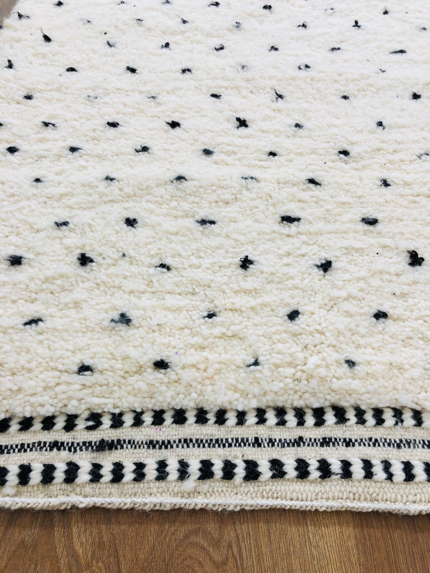 Custom Mid-Century Scandinavian White Wool & Black Dots Beni Ourain Rug - MarrakeshLoom