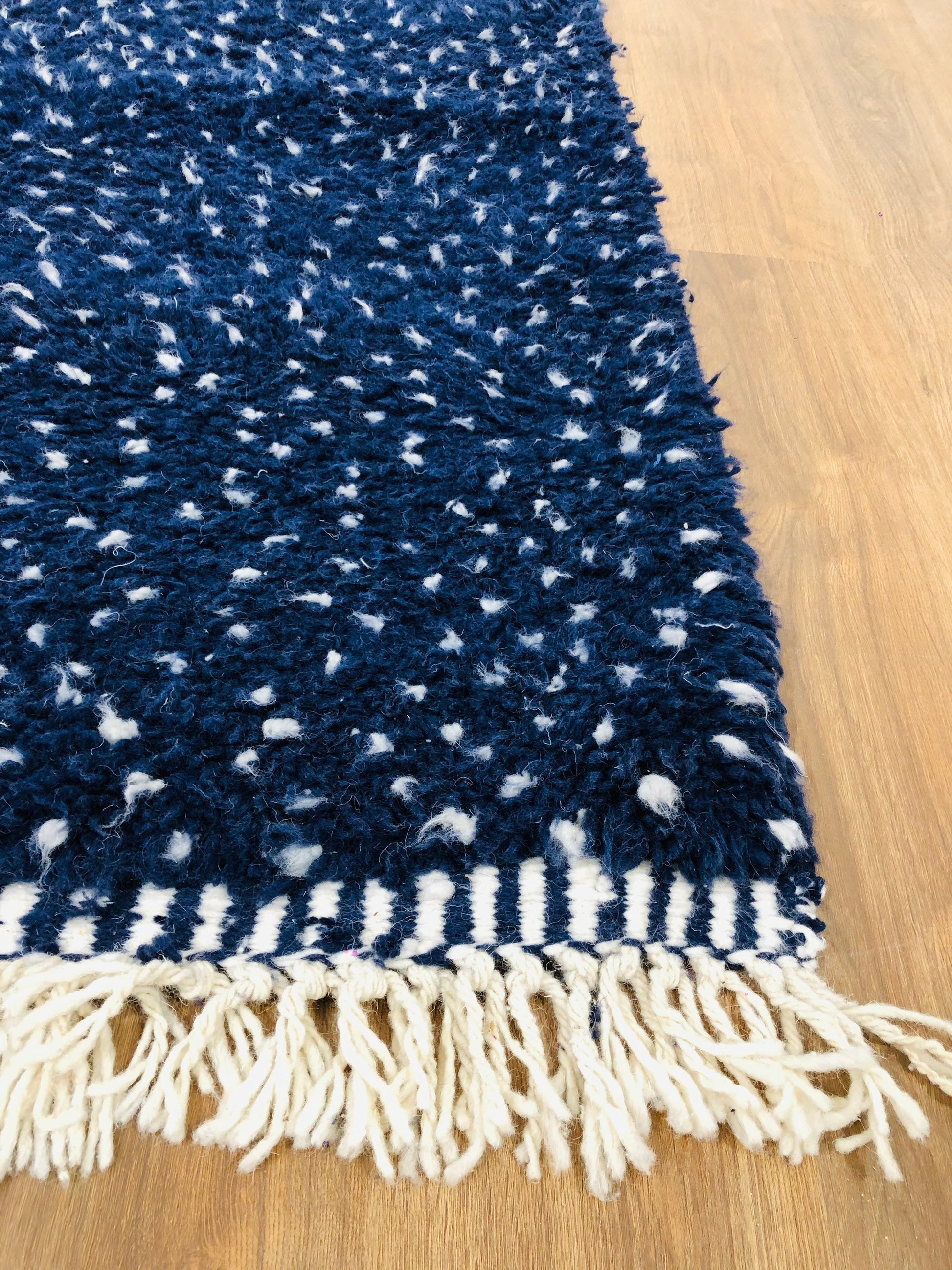 Custom Scandinavian Navy Blue Wool & White Dots Beni Ourain Rug - MarrakeshLoom