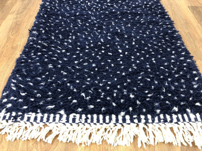 Custom Scandinavian Navy Blue Wool & White Dots Beni Ourain Rug - MarrakeshLoom