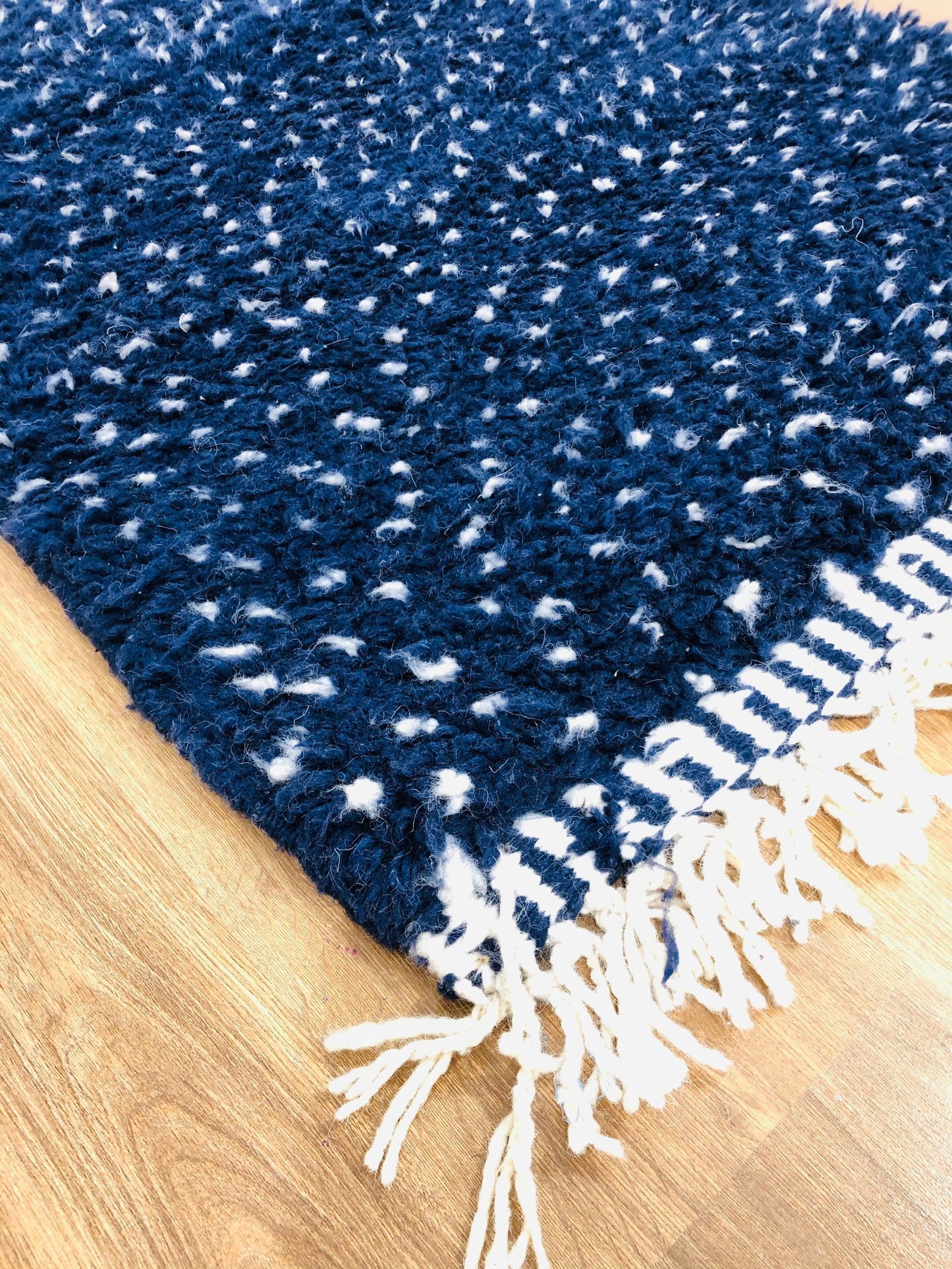 Custom Scandinavian Navy Blue Wool & White Dots Beni Ourain Rug - MarrakeshLoom