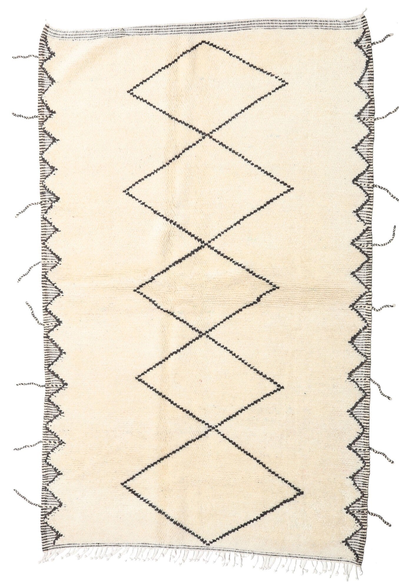 Custom Moroccan White Wool & Black Lozenge Beni Ourain Rug - MarrakeshLoom