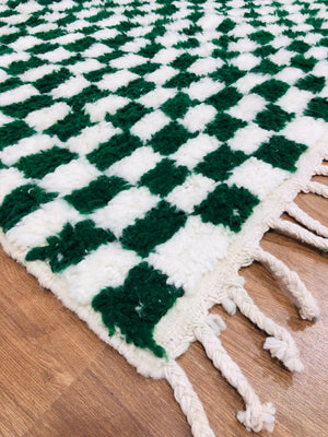 Custom Handmade Moroccan Checkered Beber White & Green Wool Handwoven Rug - MarrakeshLoom