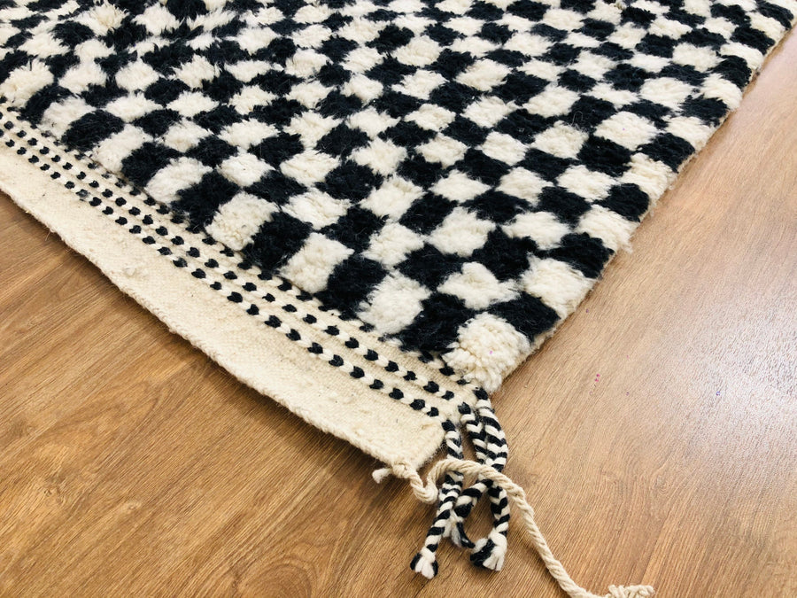 Custom Handmade Moroccan White & Black Wool Checkered Beber Rug - MarrakeshLoom