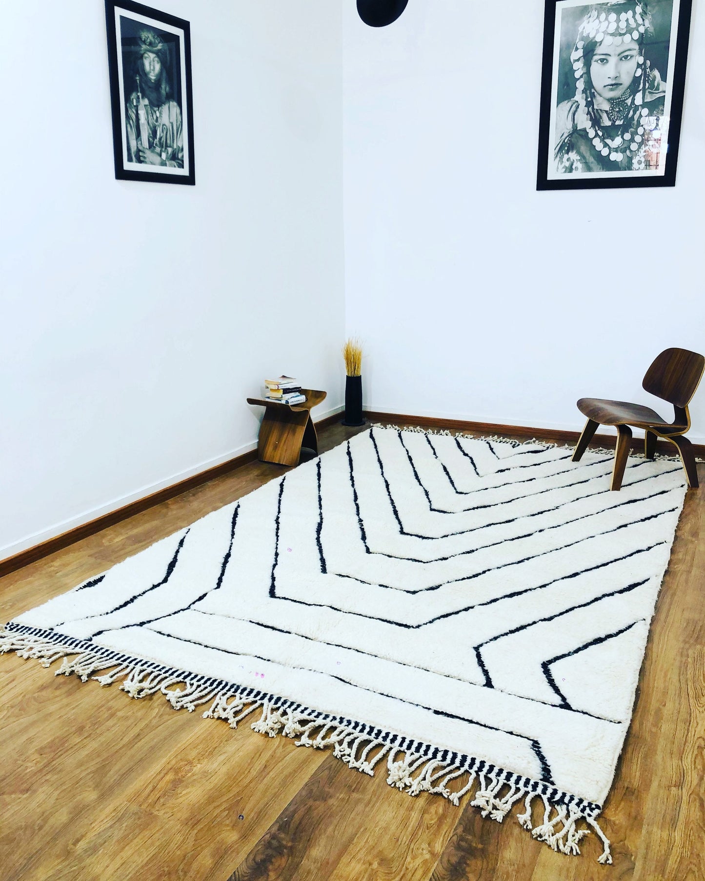 Custom Handmade Moroccan Geometric White and Black Wool Beni Ourain Rug - MarrakeshLoom
