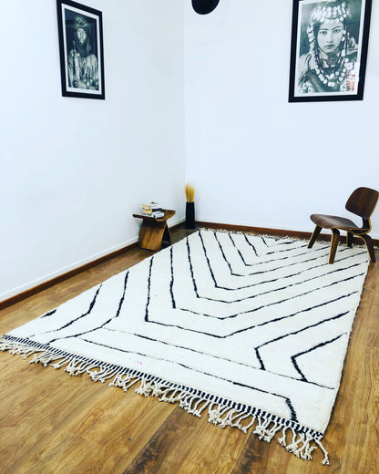 Custom Handmade Moroccan Geometric White and Black Wool Beni Ourain Rug - MarrakeshLoom
