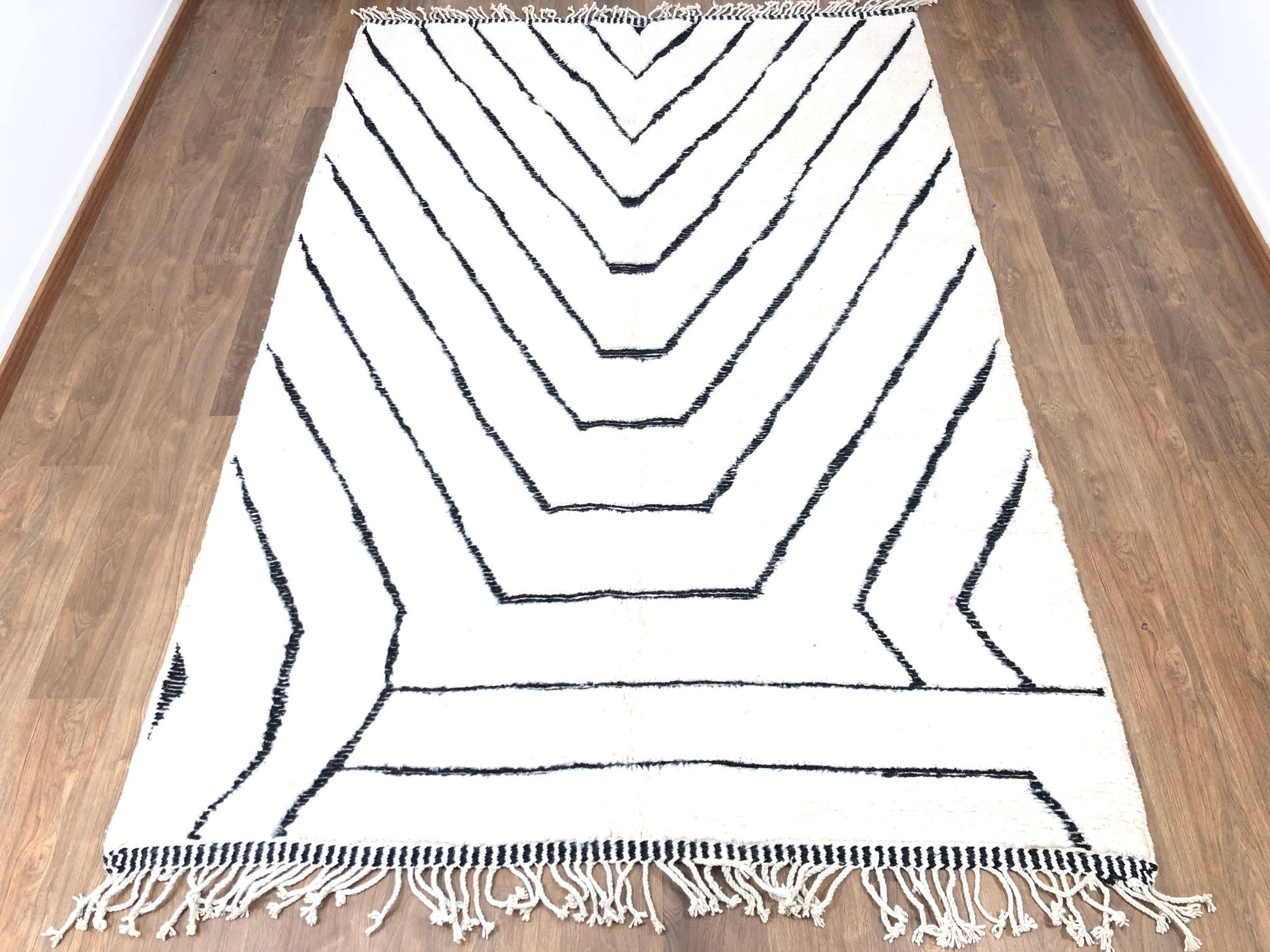 Custom Handmade Moroccan Geometric White and Black Wool Beni Ourain Rug - MarrakeshLoom