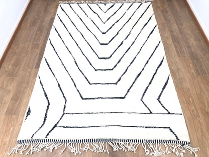 Custom Handmade Moroccan Geometric White and Black Wool Beni Ourain Rug - MarrakeshLoom