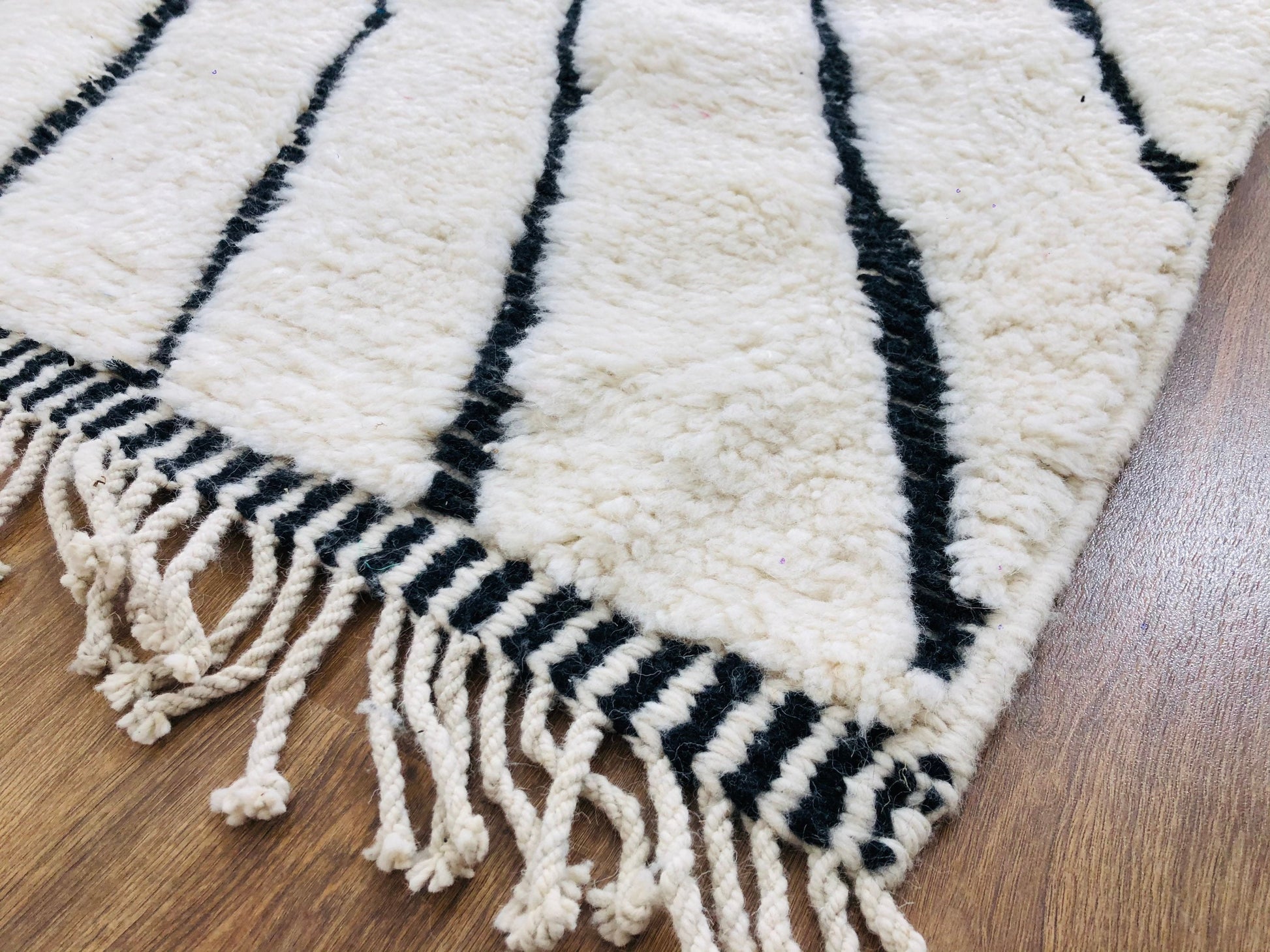 Custom Handmade Moroccan Geometric White and Black Wool Beni Ourain Rug - MarrakeshLoom