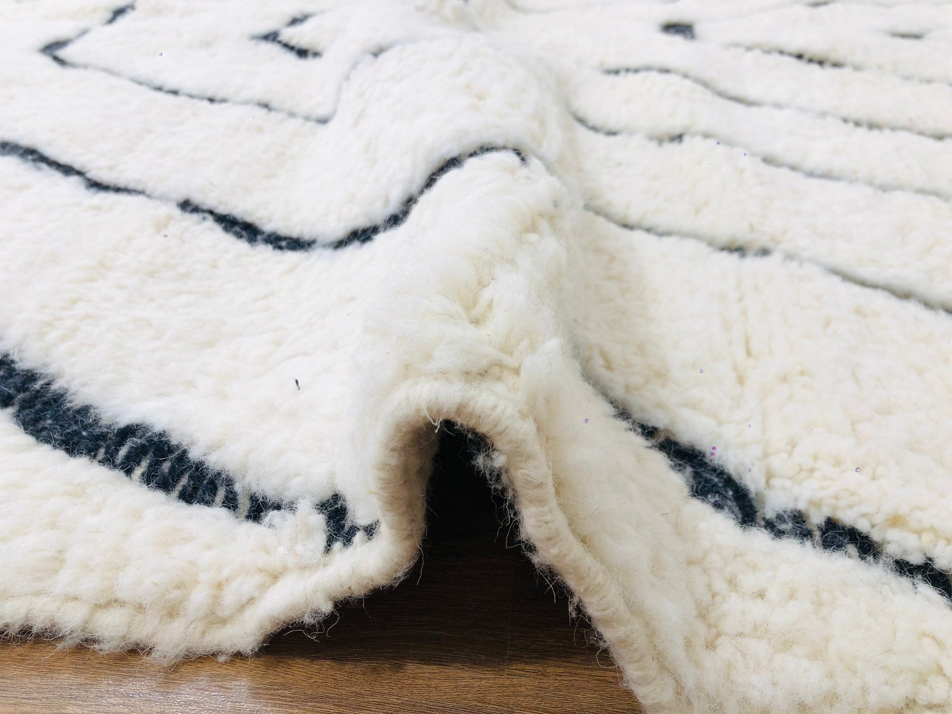 Custom Handmade Moroccan Geometric White and Black Wool Beni Ourain Rug - MarrakeshLoom
