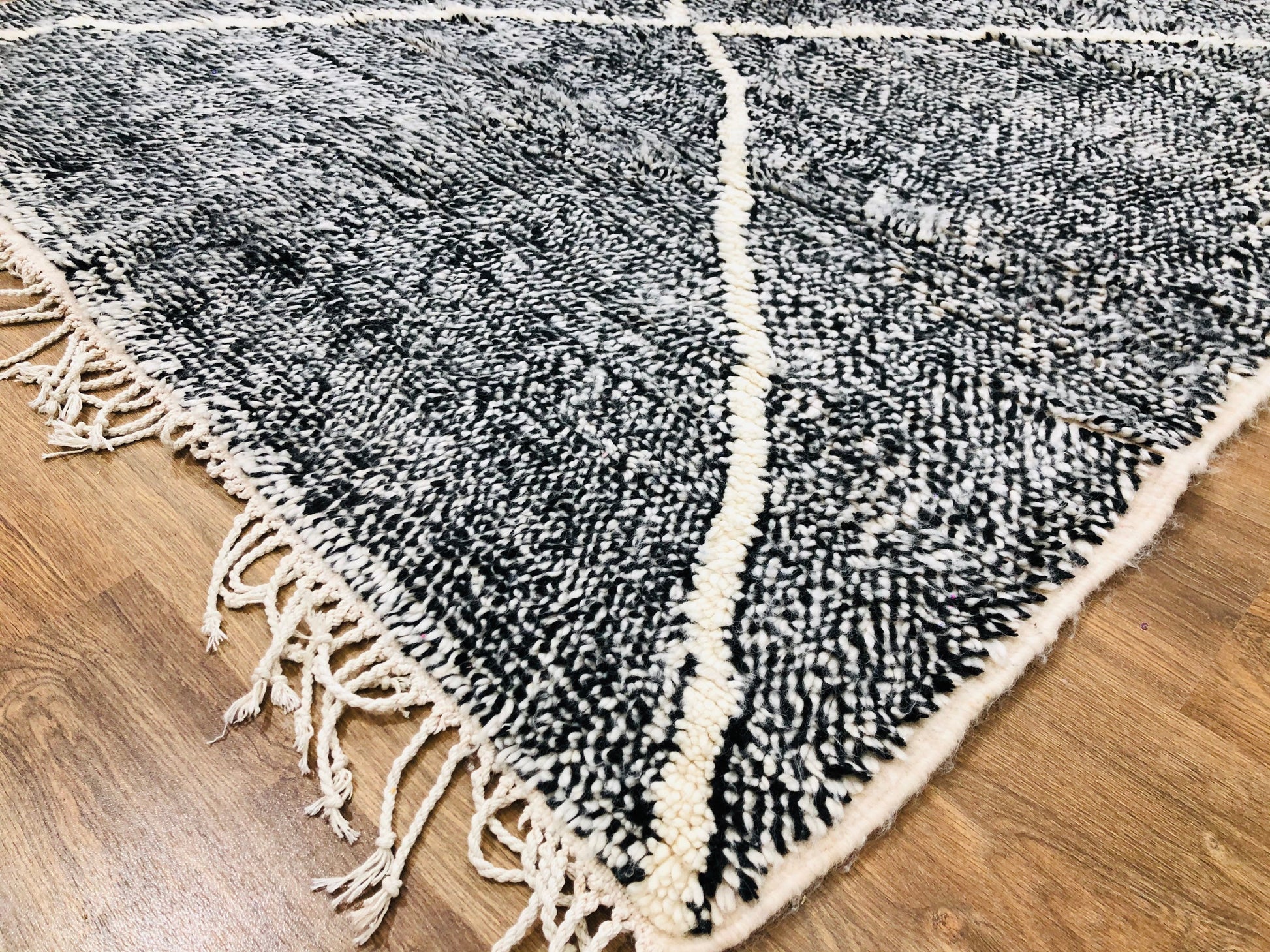 Custom Moroccan Black Wool & White Lozenge Geometric Beni Ourain Rug - MarrakeshLoom