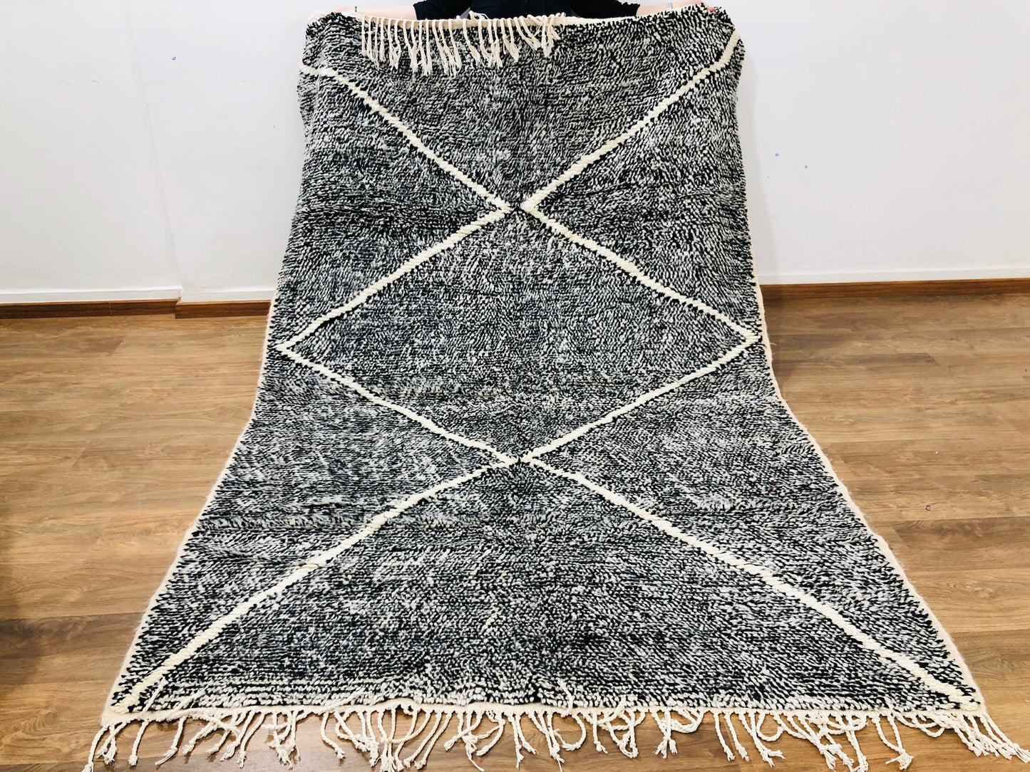 Custom Moroccan Black Wool & White Lozenge Geometric Beni Ourain Rug - MarrakeshLoom