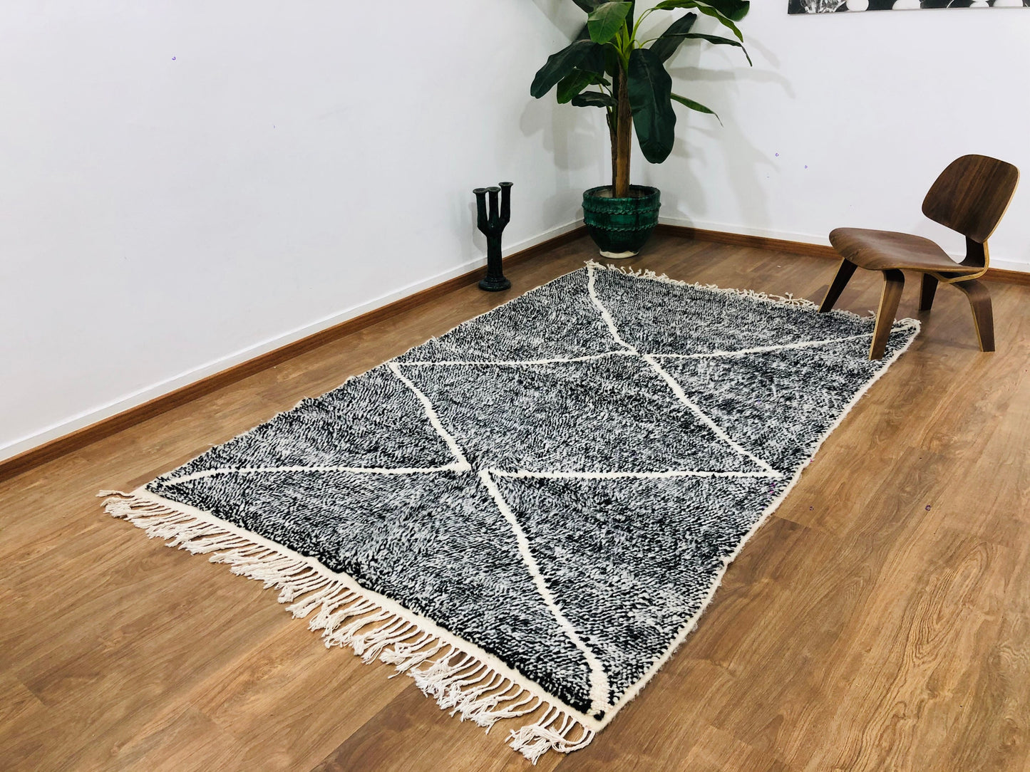 Custom Moroccan Black Wool & White Lozenge Geometric Beni Ourain Rug - MarrakeshLoom