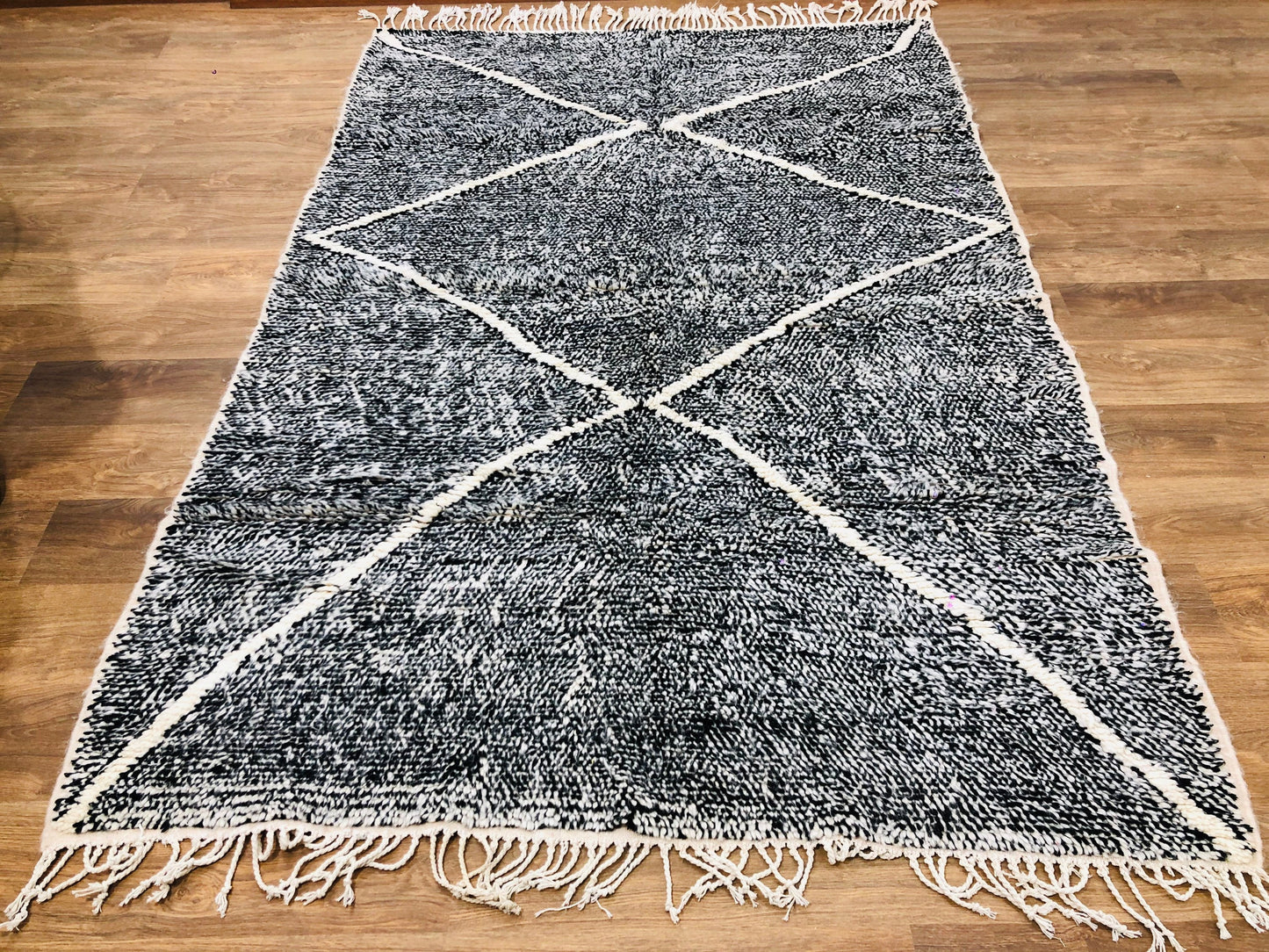 Custom Moroccan Black Wool & White Lozenge Geometric Beni Ourain Rug - MarrakeshLoom