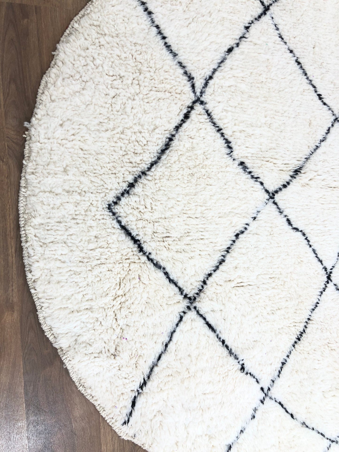 Custom Moroccan Round White Wool & Black Lozenge Beni Ourain Rug - MarrakeshLoom