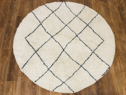 Custom Moroccan Round White Wool & Black Lozenge Beni Ourain Rug - MarrakeshLoom