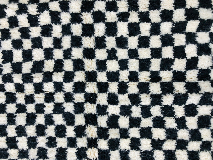 Custom Handmade Moroccan Berber White & Black Wool Checkered Runner Rug - MarrakeshLoom