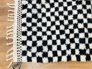 Custom Handmade Moroccan Berber White & Black Wool Checkered Runner Rug - MarrakeshLoom