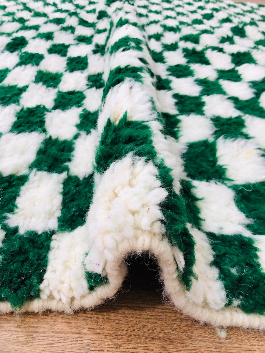 Custom Handmade Moroccan Berber White & Green Wool Checkered Runner Rug - MarrakeshLoom