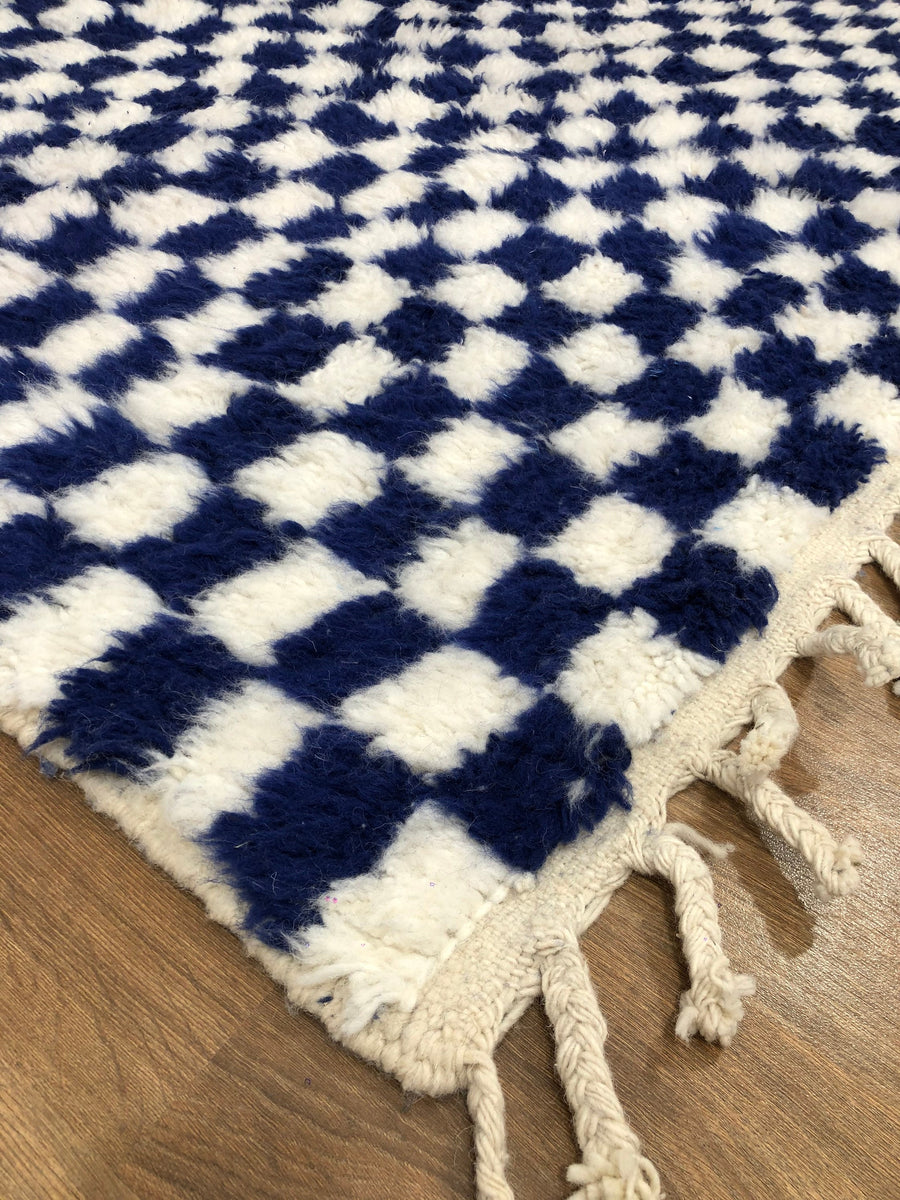 Custom Handmade Moroccan Berber White & Blue Wool Checkered Runner Rug - MarrakeshLoom