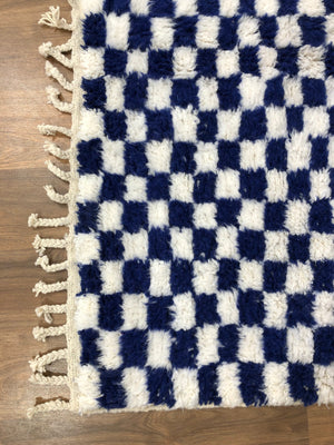 Custom Handmade Moroccan Berber White & Blue Wool Checkered Runner Rug - MarrakeshLoom