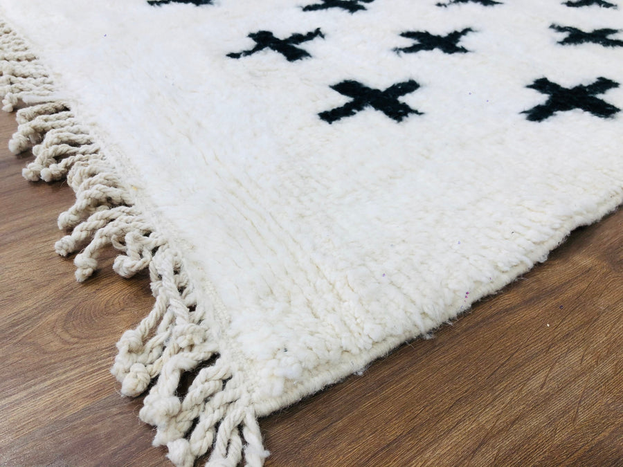 Custom Handmade Moroccan Berber Beni Ourain Geometric White & Black Wool Runner - MarrakeshLoom