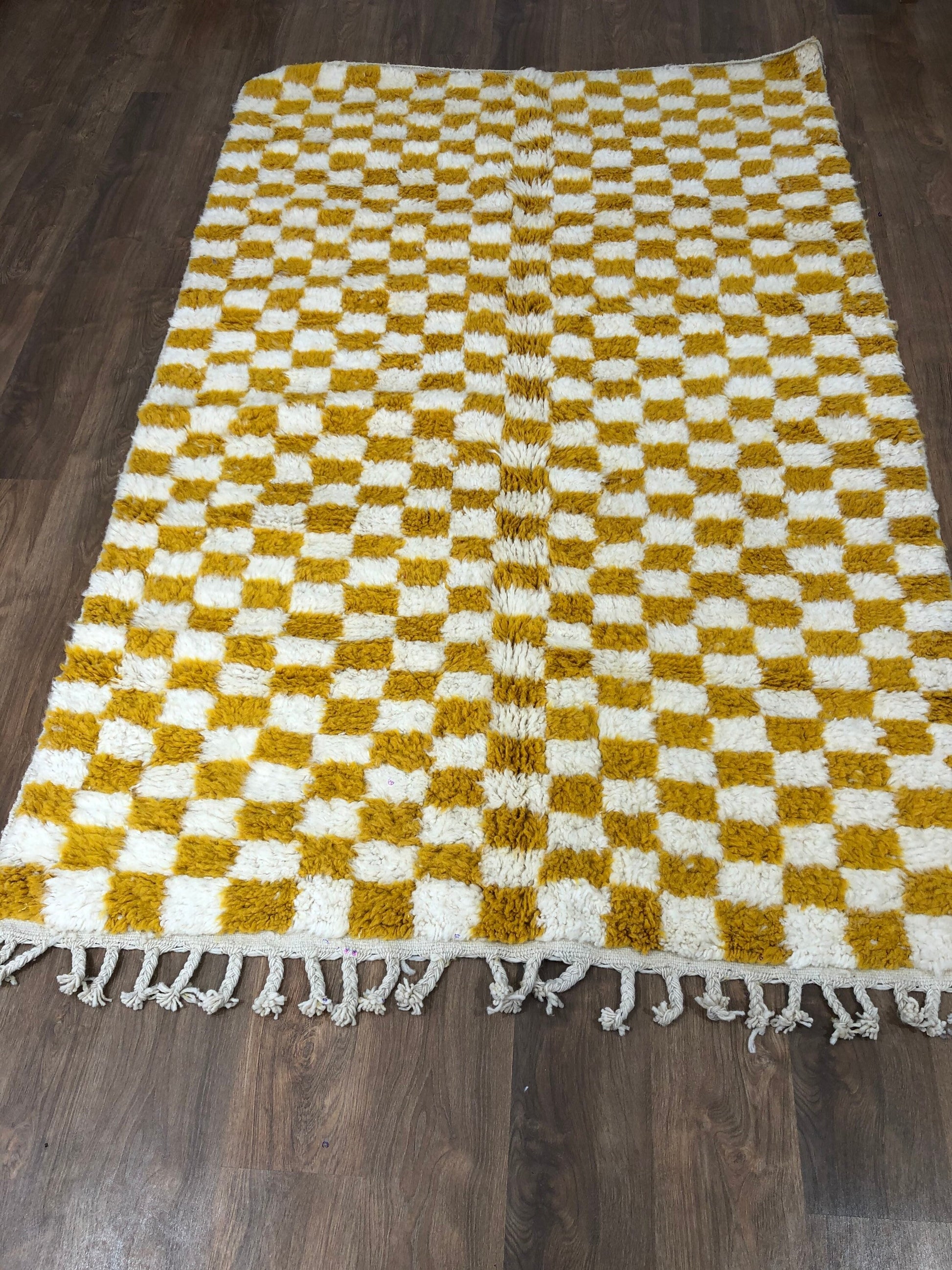 Custom Handmade Moroccan Yellow & White Wool Checkered Rug - MarrakeshLoom