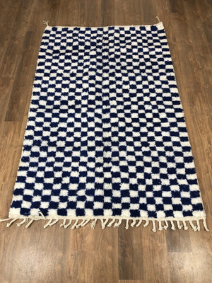 Custom Handmade Moroccan Blue & White Wool Checkered Rug - MarrakeshLoom