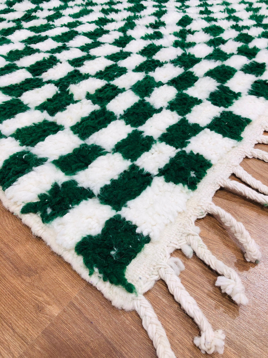 Custom Handmade Midcentury Moroccan Green & White Wool Checkered Rug - MarrakeshLoom