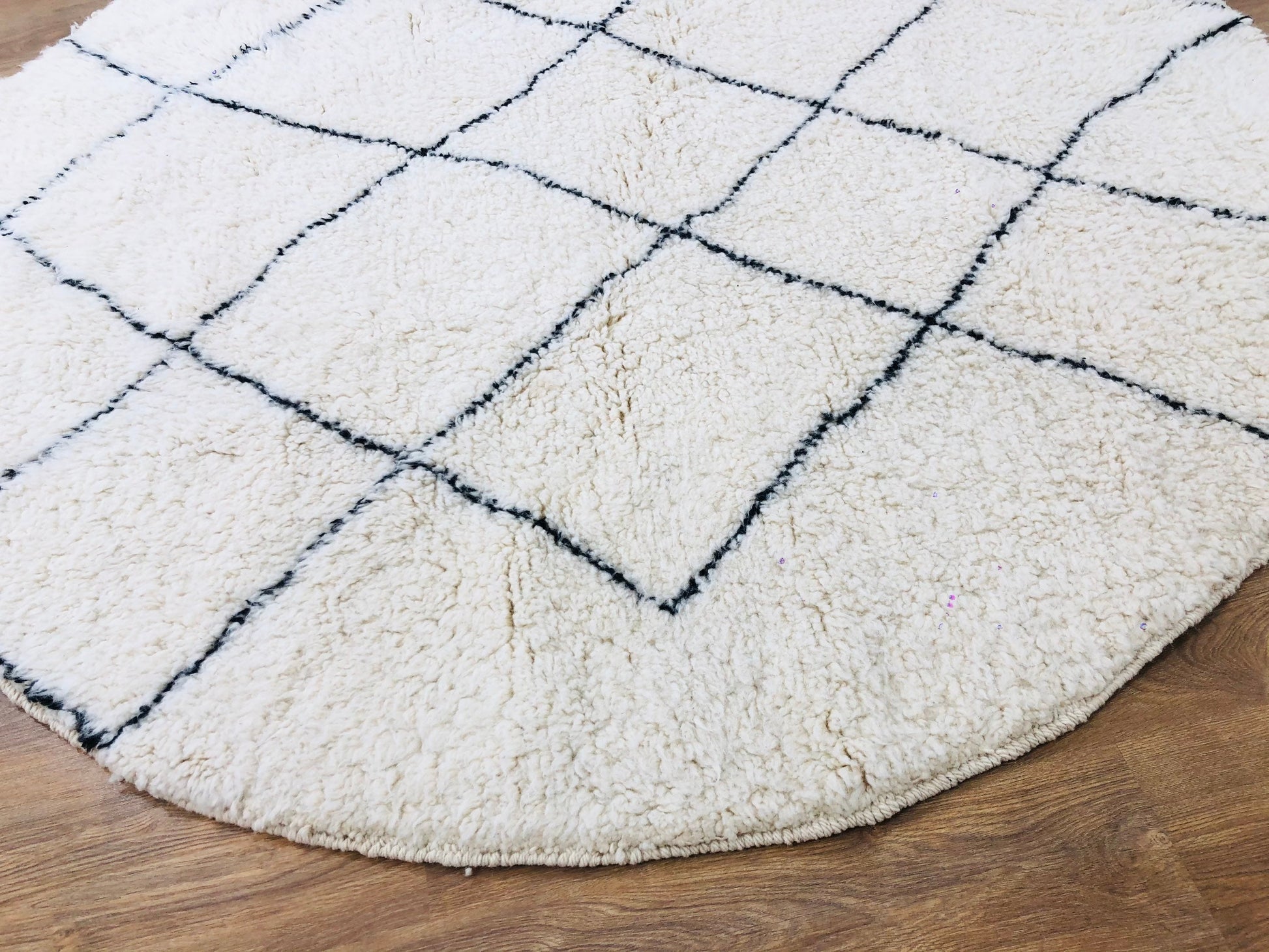 Custom Moroccan Round White Wool & Black Lozenge Beni Ourain Rug - MarrakeshLoom