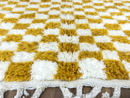 Custom Handmade Moroccan Yellow & White Wool Checkered Rug - MarrakeshLoom