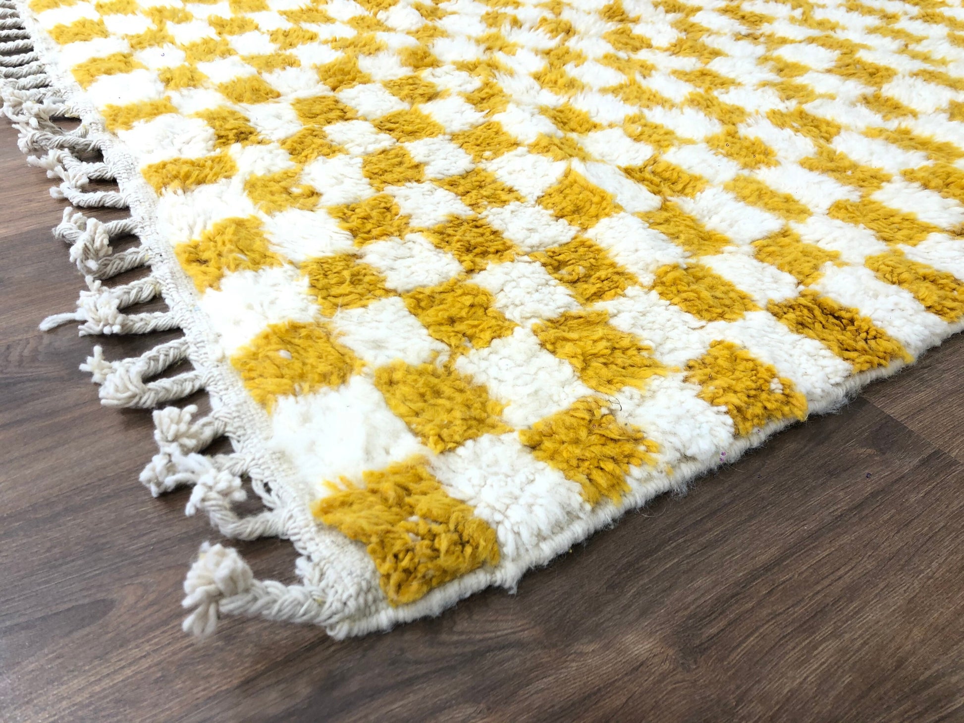 Custom Handmade Moroccan Yellow & White Wool Checkered Rug - MarrakeshLoom