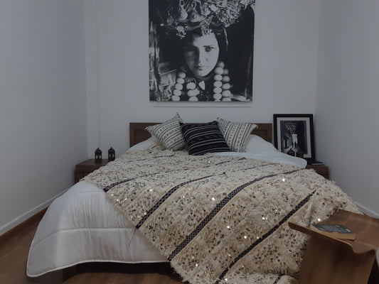 Vintage Handmade Moroccan Wedding Blanket Handira - "Hella" - 7.38 F × 4.52 F - MarrakeshLoom