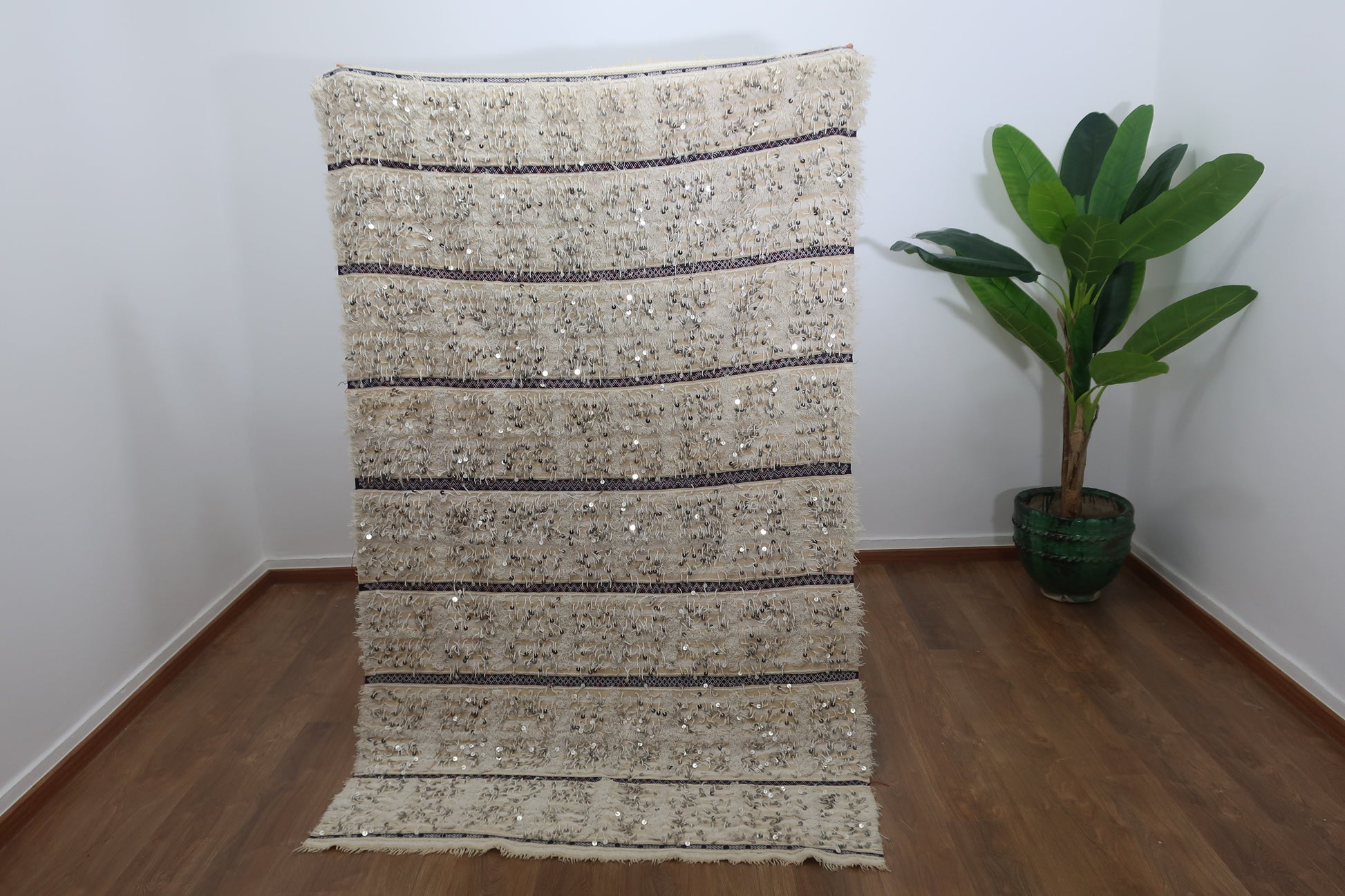 Vintage Handmade Moroccan Wedding Blanket Handira - "Hella" - 7.38 F × 4.52 F - MarrakeshLoom