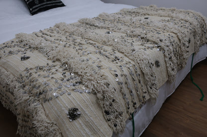 Vintage Handmade Moroccan Wedding Blanket Handira - "Hayda" - 6.89 F × 2.95 F - MarrakeshLoom