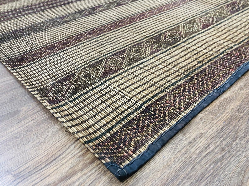 Tuareg Mat Rug 9.18 × 5.74 FT ( 280 × 175 Cm ), Vintage Reed & Leather Carpet, Authentic Ethnic Tribal Nomadic Sahara Desert Rug - MarrakeshLoom